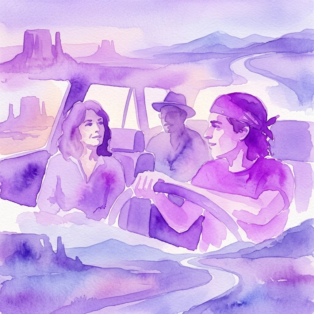 Watercolor illustration of three people in a car during a road trip, with a scenic landscape in the background, evoking the film 'Y tu mamá también' by Alfonso Cuarón.