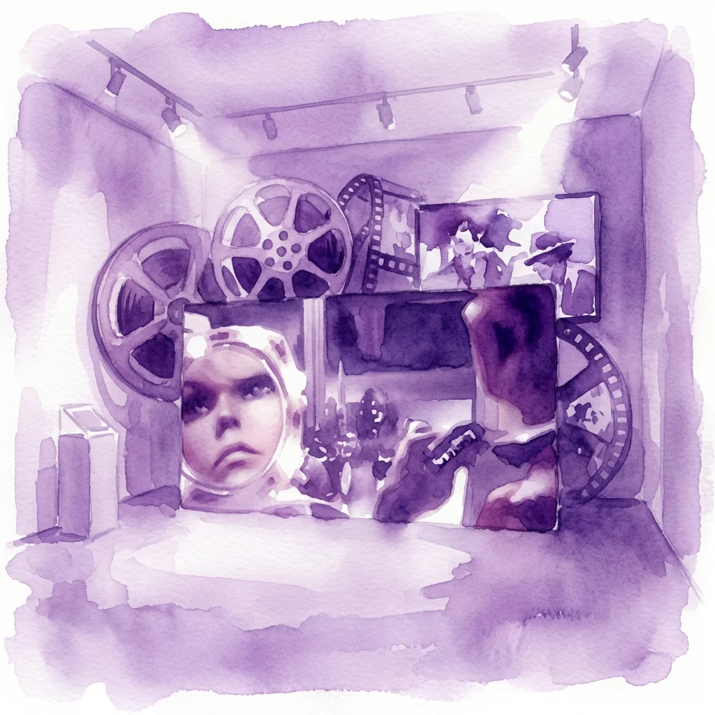 Watercolor illustration of a museum exhibition featuring film reels, projectors, and screens displaying fragmented cinematic images, representing the 'Found Footage: Cinema Exposed' exhibit at Eye Filmmuseum.