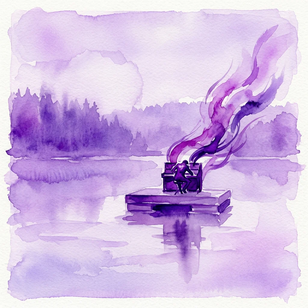 Una ilustración en acuarela de una figura tocando el piano sobre una plataforma flotante en un lago de tonos púrpuras, con humo elevándose dramáticamente contra un fondo boscoso.
