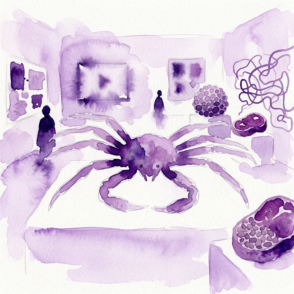 A surreal purple watercolor illustration of an exhibition space featuring a large crab sculpture, a meat-like object, and abstract artworks on the walls, evoking the dark fantasy style of Jan Svankmajer.