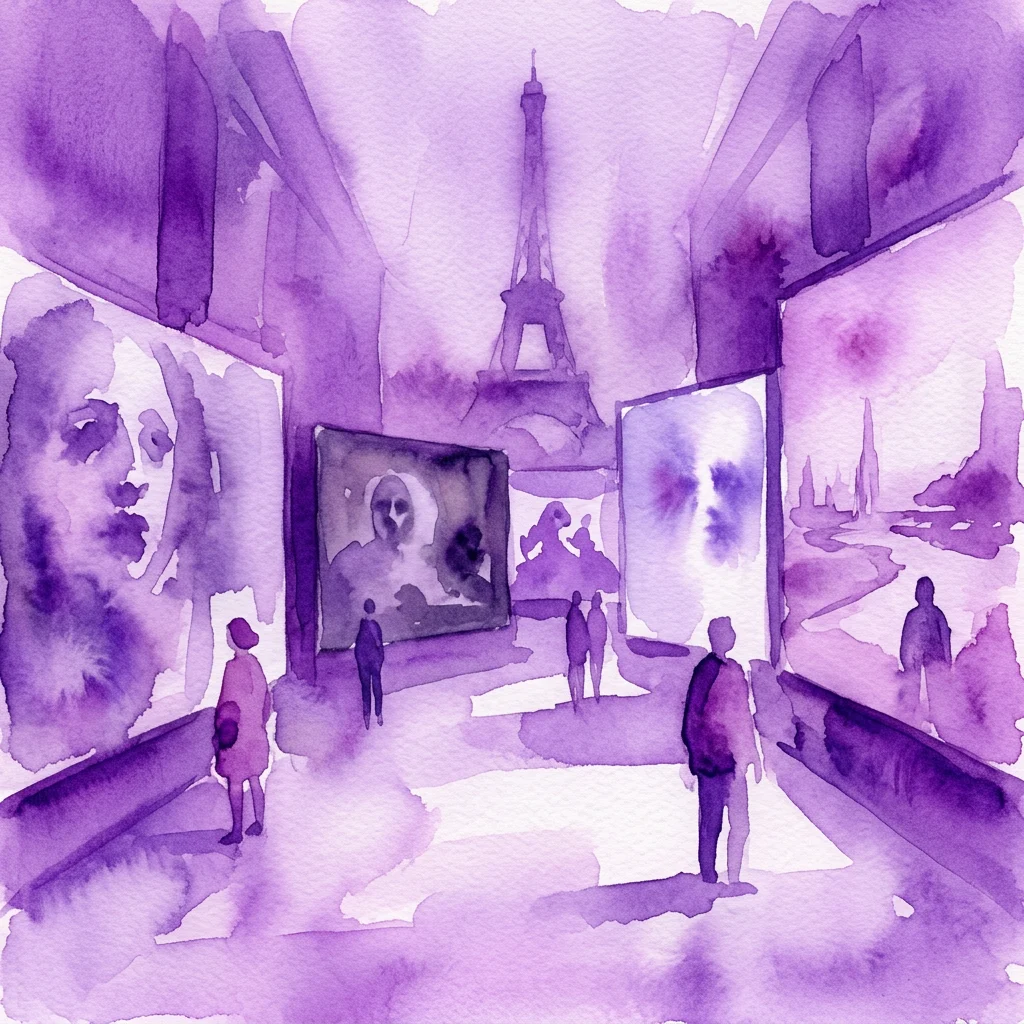 A purple watercolor illustration of a museum gallery with visitors viewing large-scale film installations, including a prominent Eiffel Tower projection, reflecting Jesper Just's immersive cinematic art.