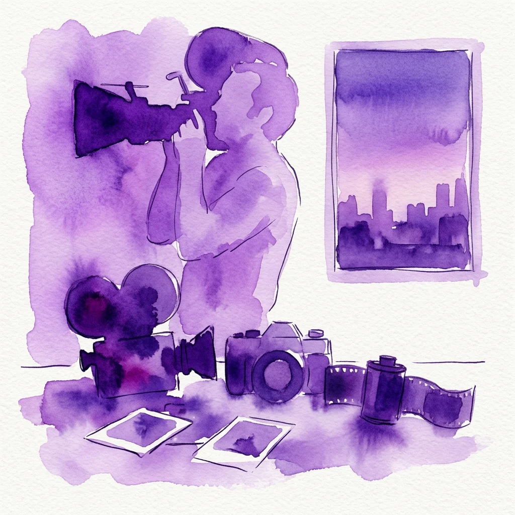 Una ilustración de acuarela morada de un cineasta con una cámara, rodeado de equipo de film e impresiones, con un paisaje urbano visible a través de una ventana, evocando el proceso creativo de Johan van der Keuken.