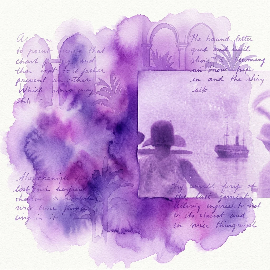 Een paarse aquarelcollage met archief foto's, handgeschreven tekst en silhouetten van figuren uit het koloniale tijdperk en een schip, die Péter Forgács' installatie 'Looming Fire' vertegenwoordigt, die het koloniale leven in Nederlands-Indië verkent.