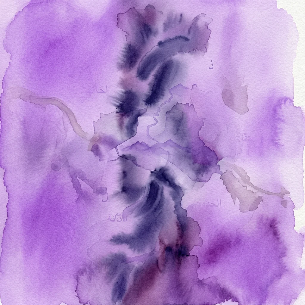 Abstract aquarelkunstwerk in paarse en zwarte tinten dat verschuivende geografische en politieke landschappen afbeeldt, met vage Arabische kalligrafie, die de tentoonstelling 'Trembling Landscapes' in het Eye Filmmuseum vertegenwoordigt.