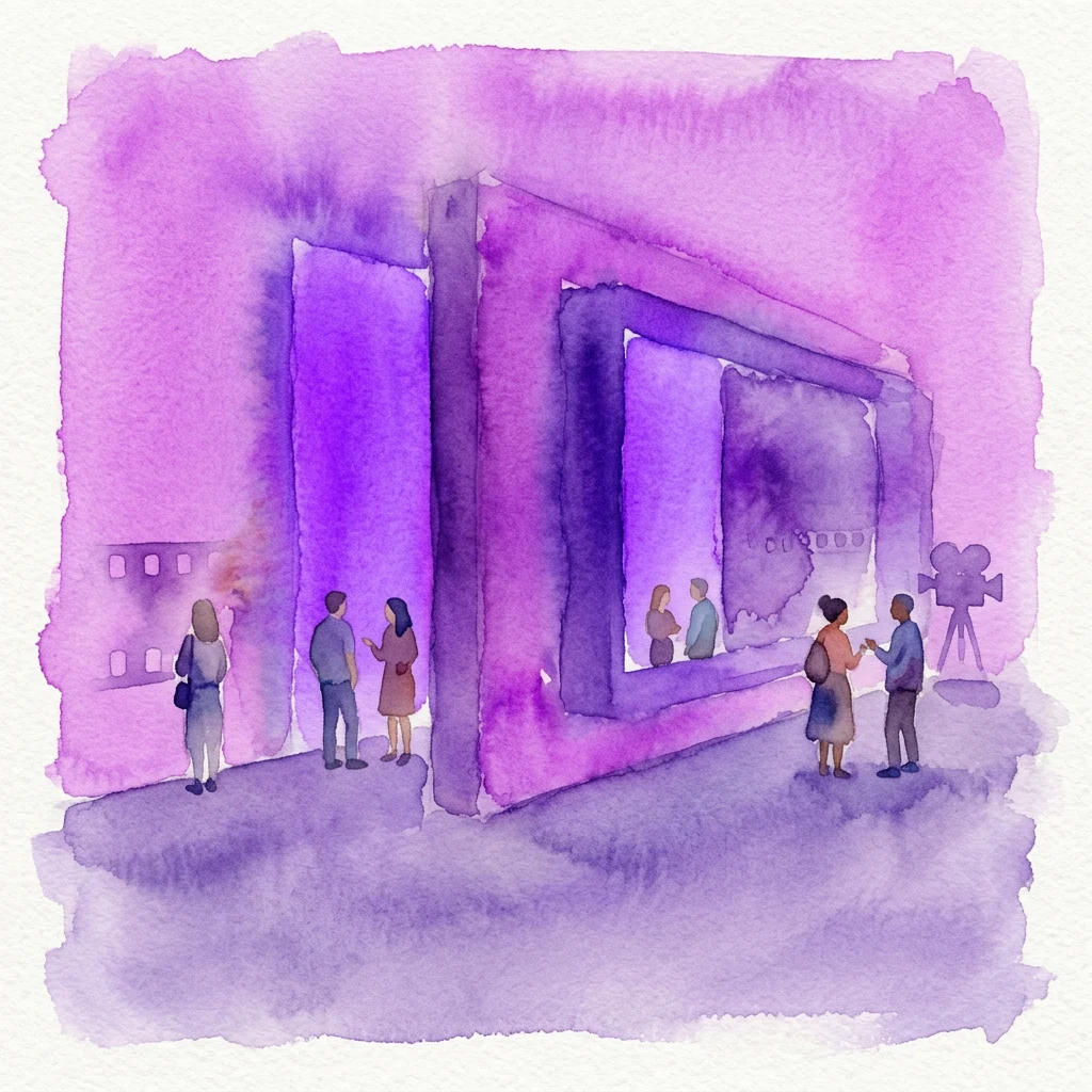 A watercolor illustration of visitors exploring a purple-hued art gallery installation featuring film-themed elements, including a large screen and a vintage camera, for the 'Vive le cinéma! Art & Film' exhibition at Eye Filmmuseum.