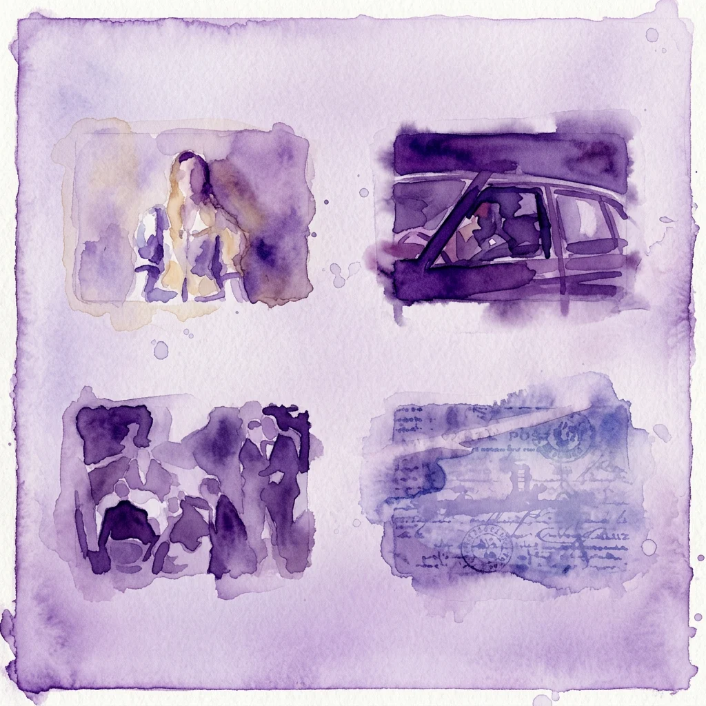 A purple watercolor artwork featuring four abstract scenes: a person, a car interior, silhouetted figures, and a document with stamps, representing the exhibition 'Waiting for the Time to Pass' at Eye Filmmuseum.