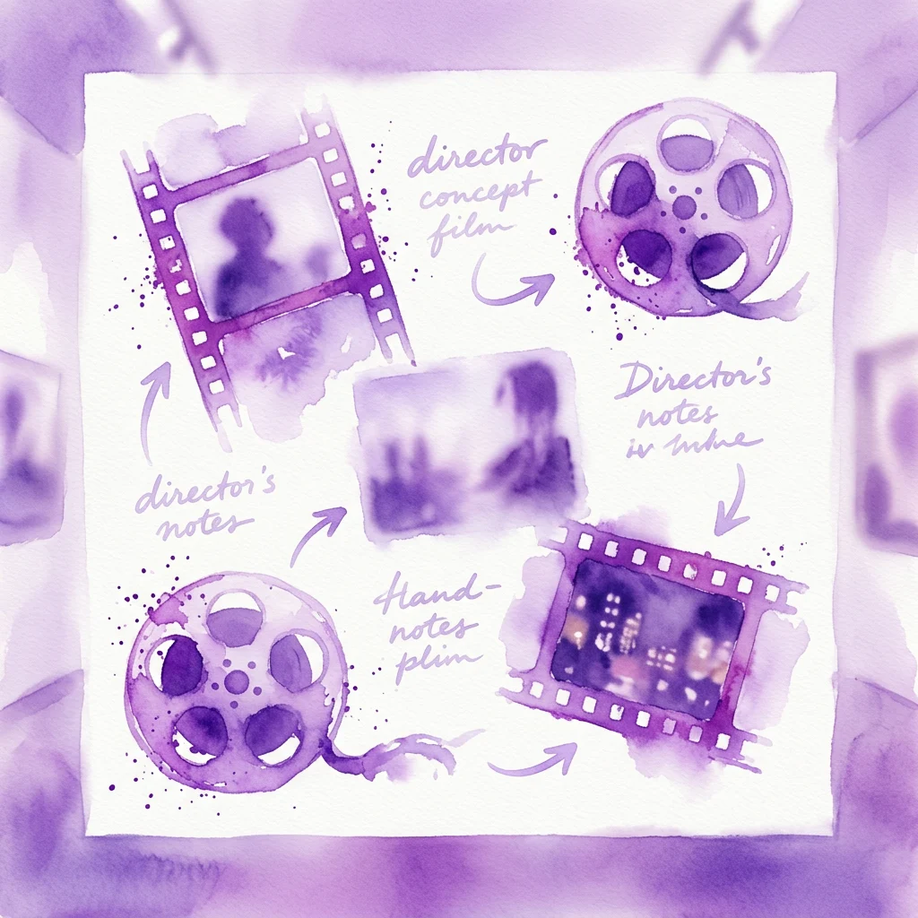 Een aquarelillustratie van filmrollen, filmstroken en regisseursnotities, die het creatieve proces van filmmaker Martin Scorsese in zijn tentoonstelling weergeven.