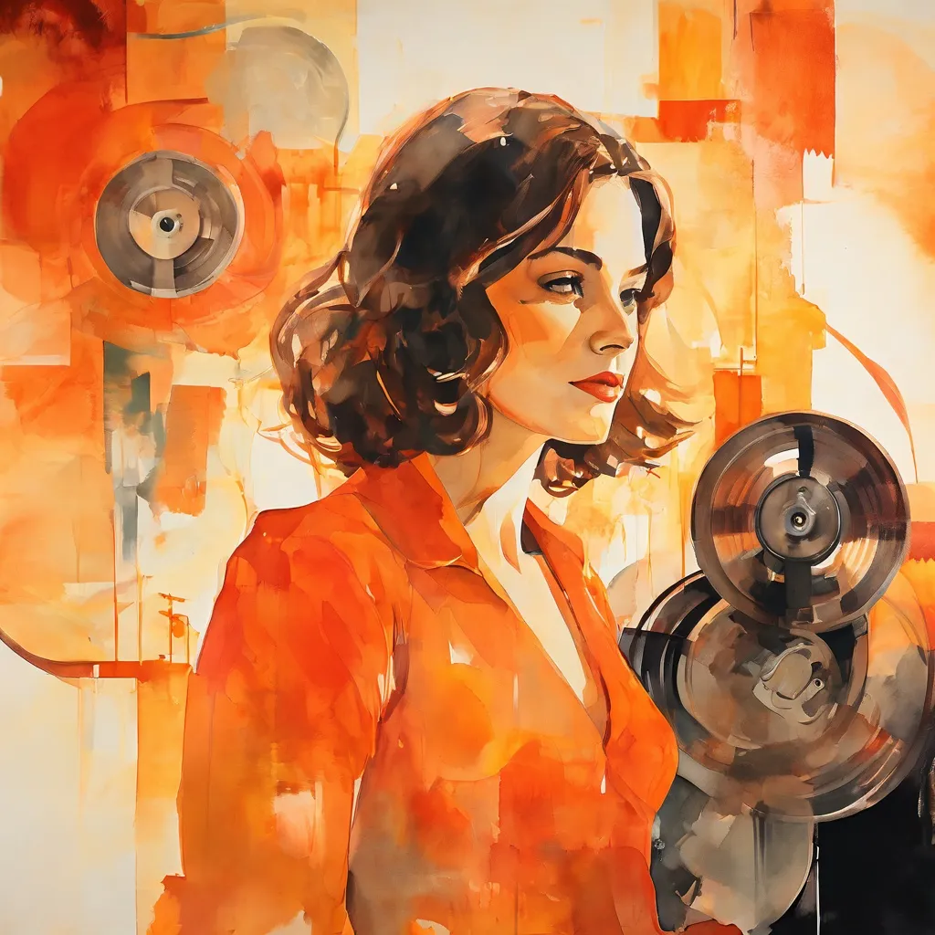 An abstract representation of a vintage film reel intertwined with stylized female silhouettes, set within a gallery space at Eye Filmmuseum, symbolizing the legacy of women in cinema and feminist film.