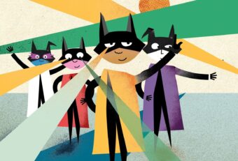 Colorful illustration of cartoon cats in superhero costumes emitting beams of light from their eyes against a geometric background