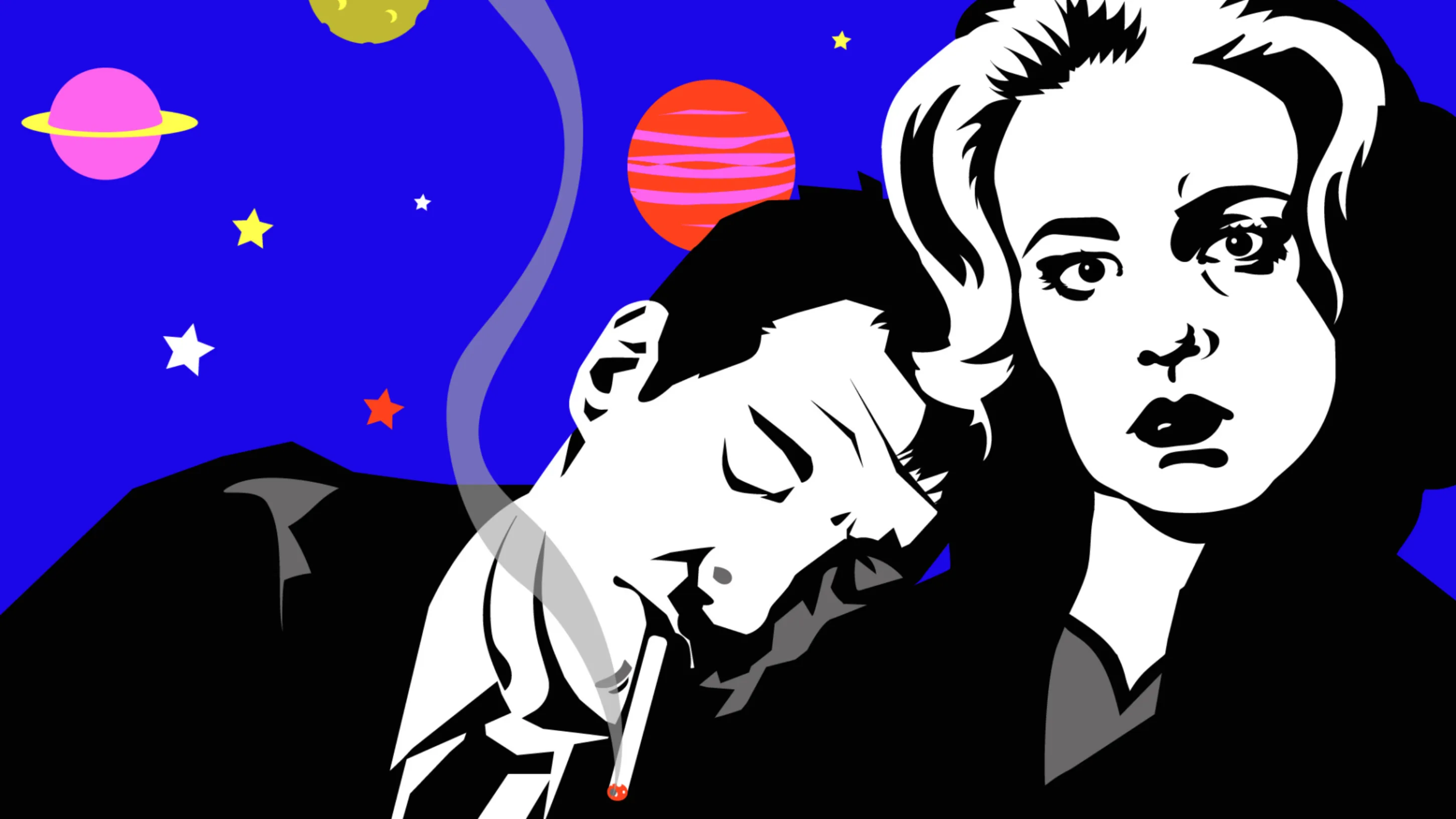 Stylized black and white illustration of a smoking man and woman against a blue cosmic background with planets and stars