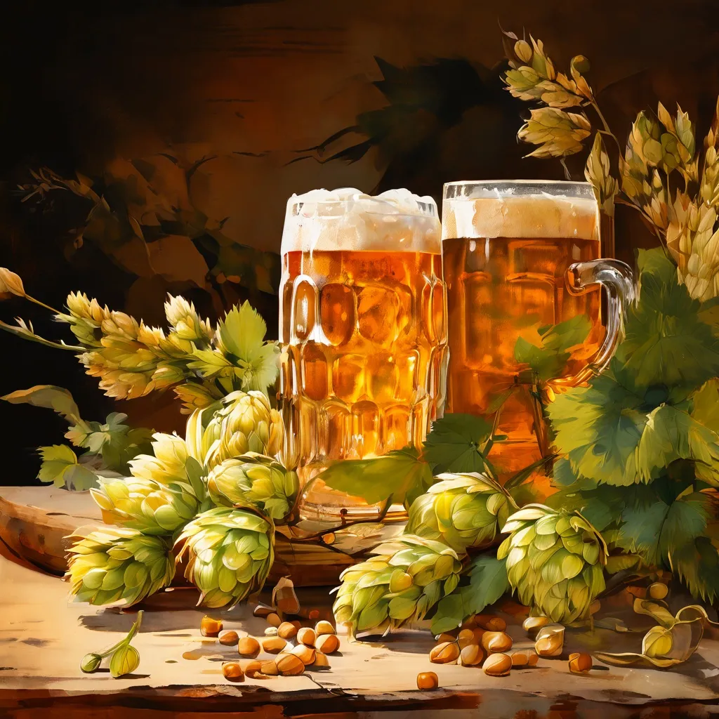 Een artistieke weergave van de branding-elementen en natuurlijke brouw-ingrediënten van Cervezas Victoria.