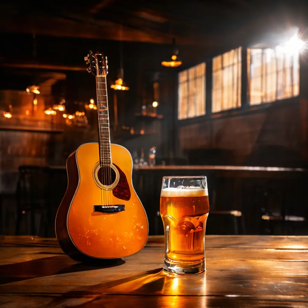 An artistic representation of an acoustic guitar and beer representing the anniversary celebration at Fábrica Cervezas Victoria.