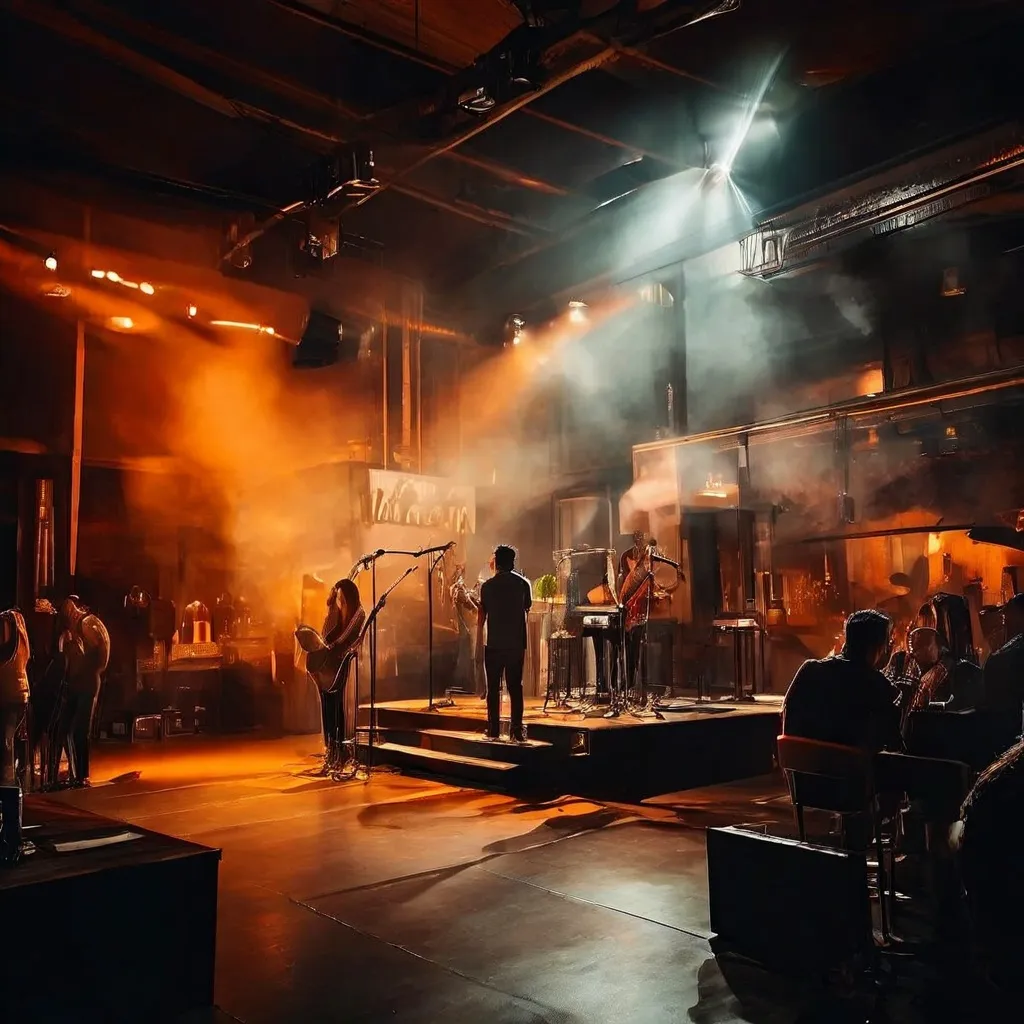 A spotlight on a microphone stand set up for a comedy event inside the Fábrica Cervezas Victoria brewery.