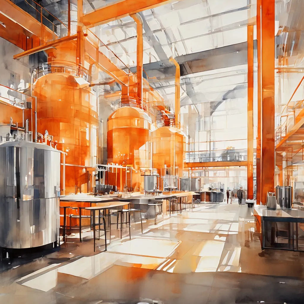 Modern interior of the Cervezas Victoria brewery in Málaga featuring glass walls and stainless steel equipment.