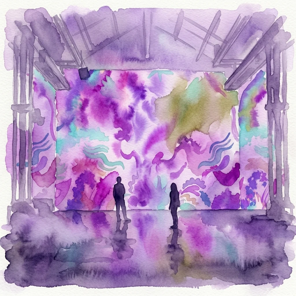Aquarelillustratie van twee silhouetten in een immersieve galerie met levendige paarse en groene abstracte projecties op de muren en een reflecterende vloer.