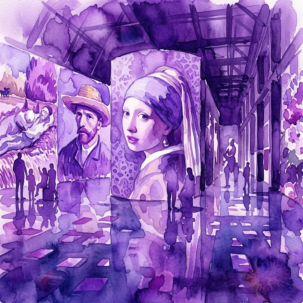 Paarse aquarelillustratie van een immersieve tentoonstelling met projecties van Vermeers Meisje met de parel en Van Gogh, met silhouetten van bezoekers.