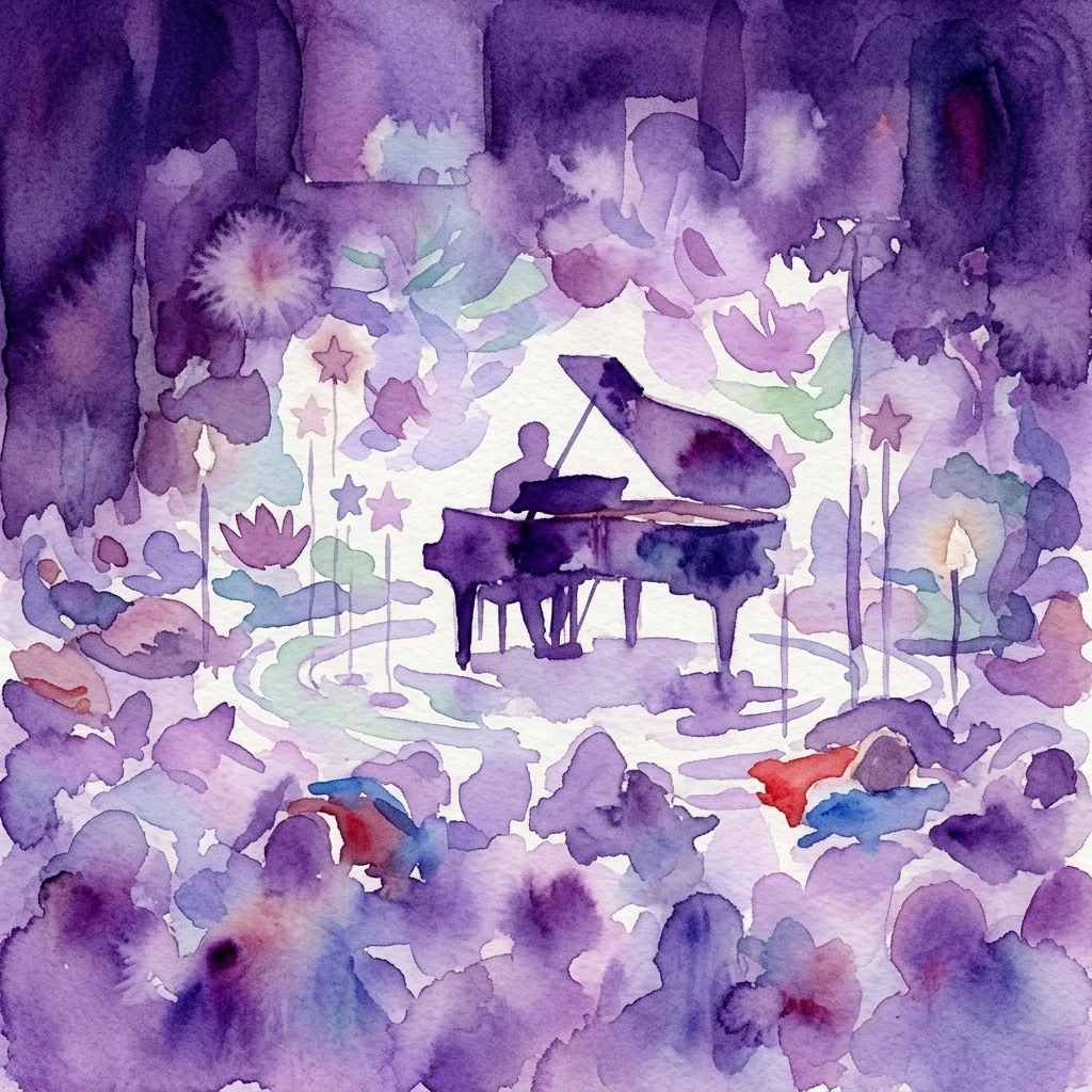 Een aquarelillustratie van een pianist die optreedt op een vleugel, omringd door abstracte bloem- en sterprojecties, die een meeslepende lichtconcertervaring oproepen, geïnspireerd door de kunst van Monet.