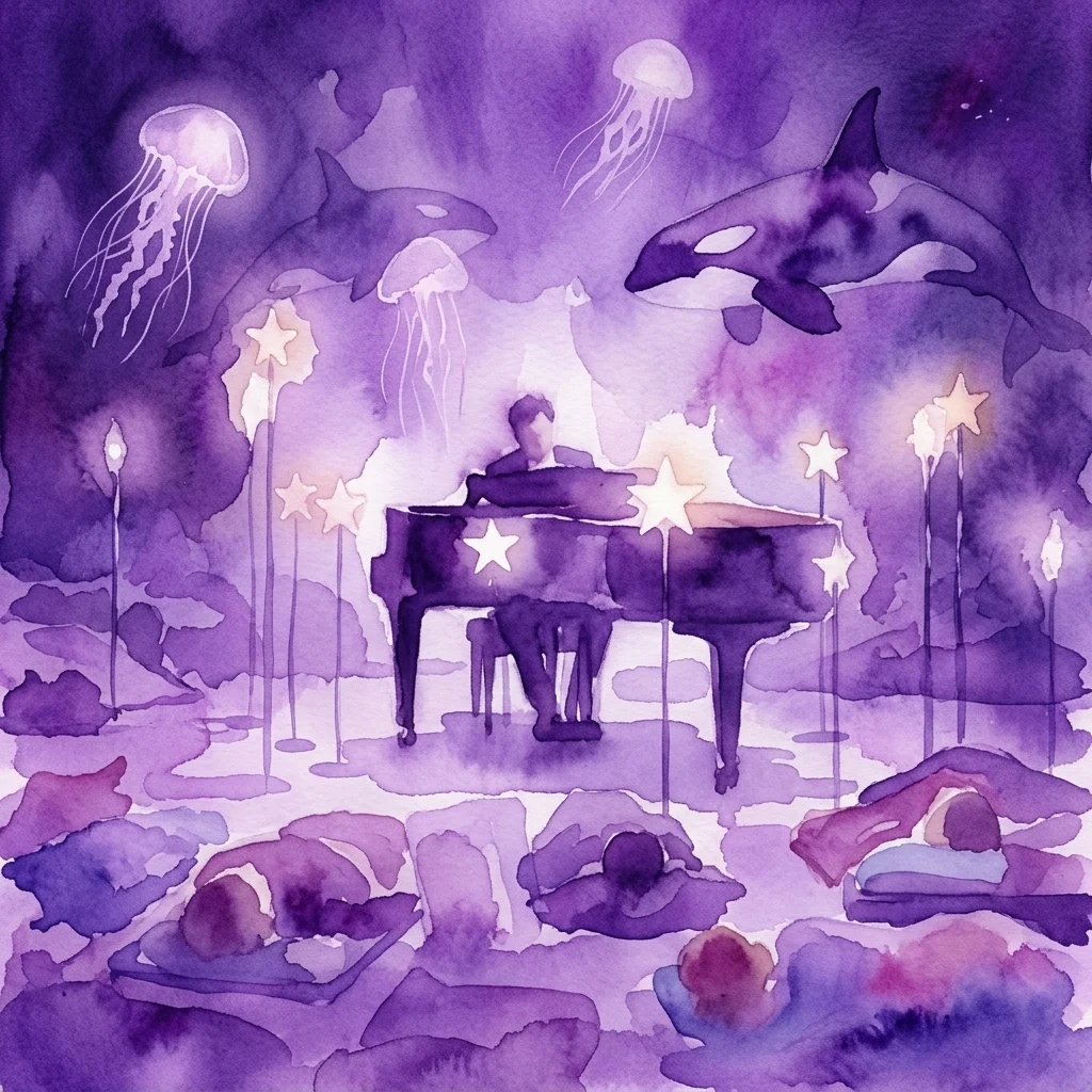 Een aquarelillustratie van een live pianoperformance, omringd door gloeiende kwallen, orka's en bezoekers die op matten liggen in een donkere, meeslepende ruimte, die het onderwaterthema van het 'Underwater'-concert van Ludovico Einaudi in Fabrique des Lumières oproept.
