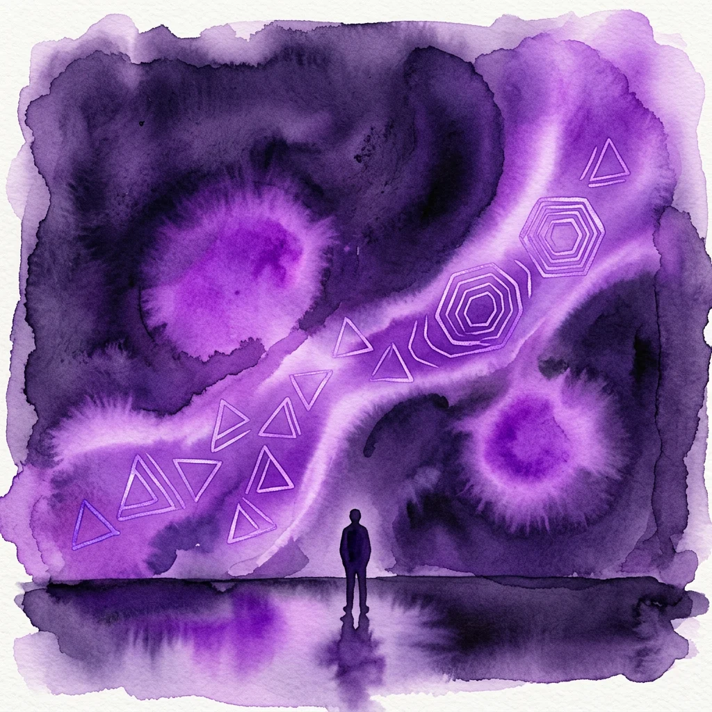 Een persoon staat in silhouet voor een grote abstracte digitale kunstinstallatie met gloeiende paarse geometrische patronen van driehoeken en zeshoeken, wat een gevoel van onderdompeling in een nieuwe realiteit oproept.