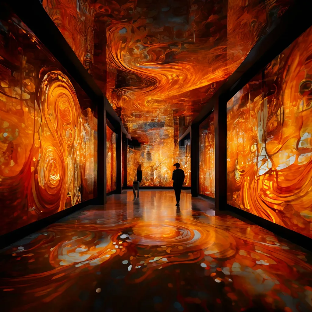 A dynamic digital art projection at Fabrique des Lumières, Amsterdam, featuring golden, intricate patterns inspired by Gustav Klimt's style.