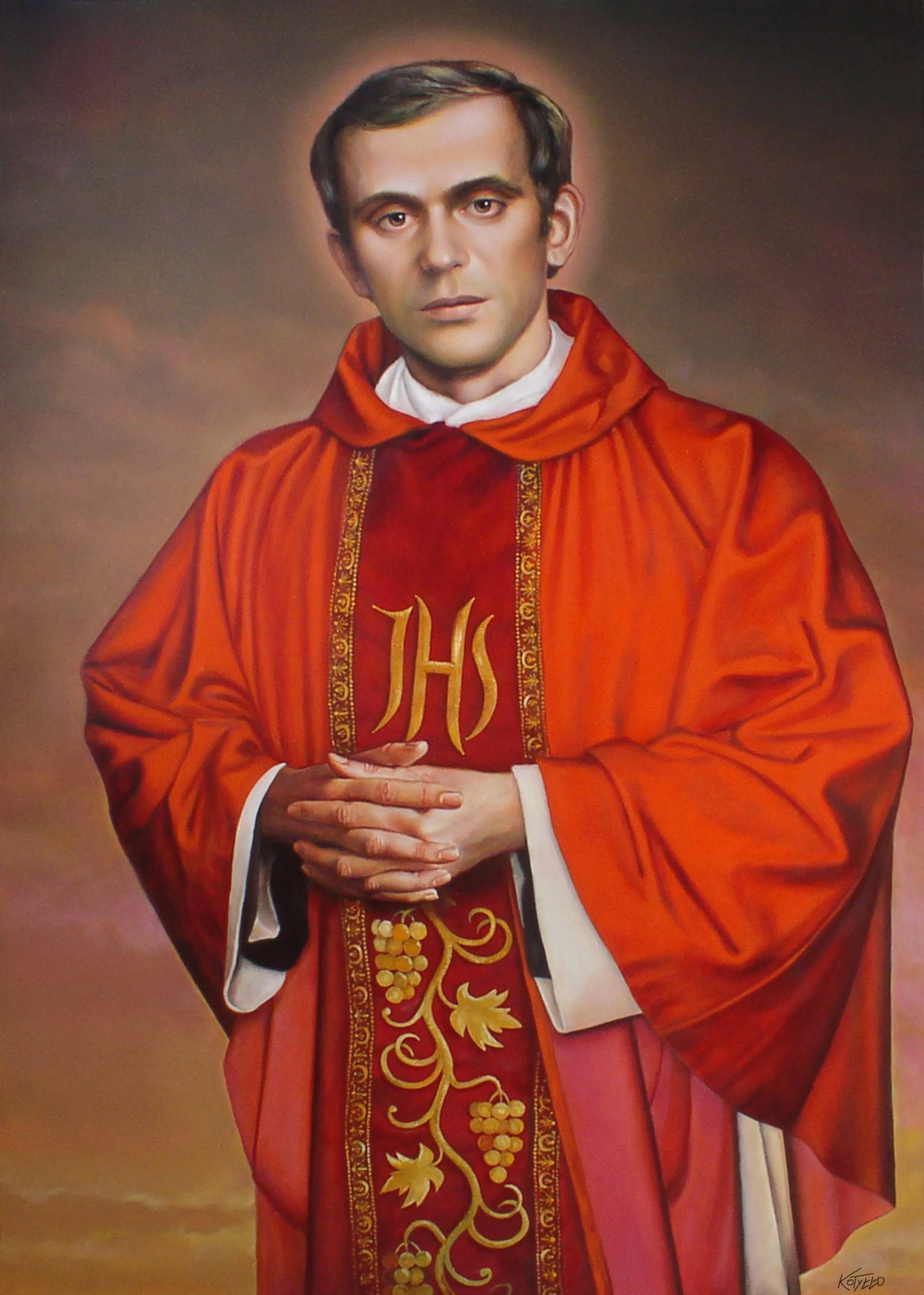 Portret van een priester in een rode gewaad met gouden borduurwerk en een halo