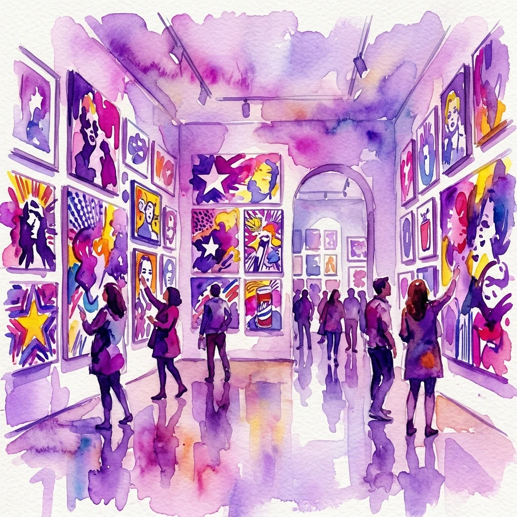 A vibrant watercolor illustration of a museum gallery featuring a Pop Art exhibition with bold, colorful artworks on the walls and visitors observing the pieces.