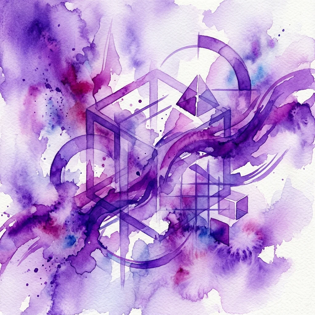 Abstract watercolor artwork in purple and white featuring geometric shapes like cubes and pyramids intertwined with fluid, organic forms, representing the interplay between structure and intuition.