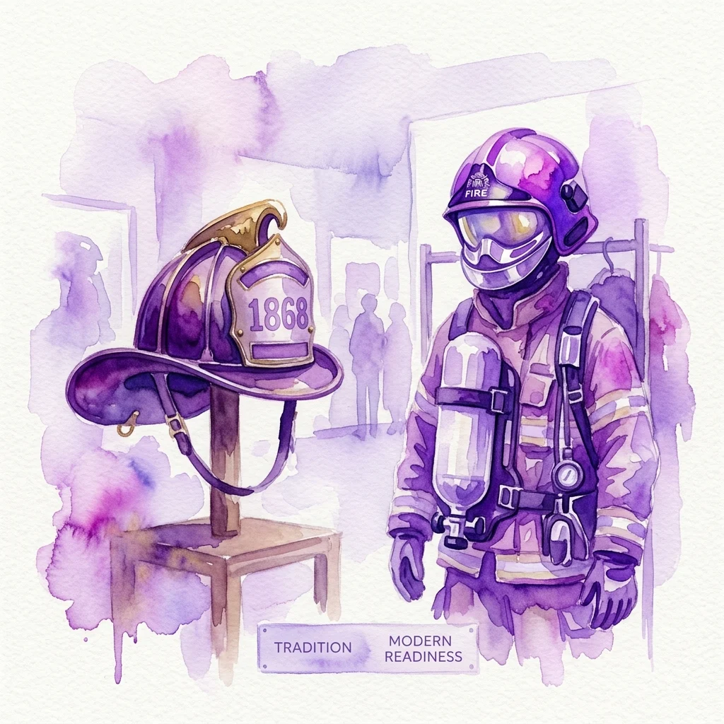 A watercolor illustration of a historical 1868 fire helmet and modern firefighting gear, symbolizing the transition from tradition to modern readiness in the Voitsberg District Fire Brigade.