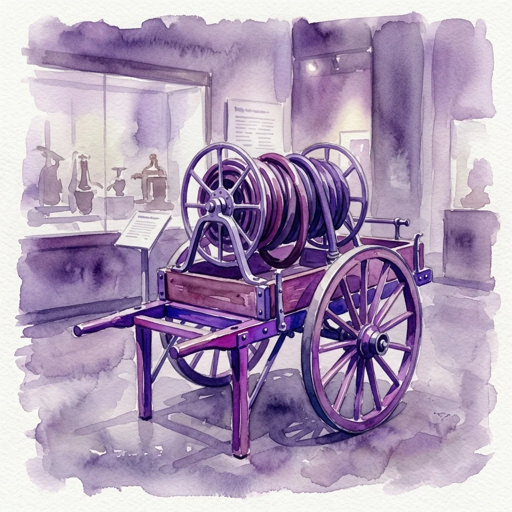 Una ilustración en acuarela de un carro auxiliar de mangueras de finales del siglo XIX, hecho de madera y metal, con mangueras enrolladas, expuesto en un entorno museístico con iluminación púrpura.