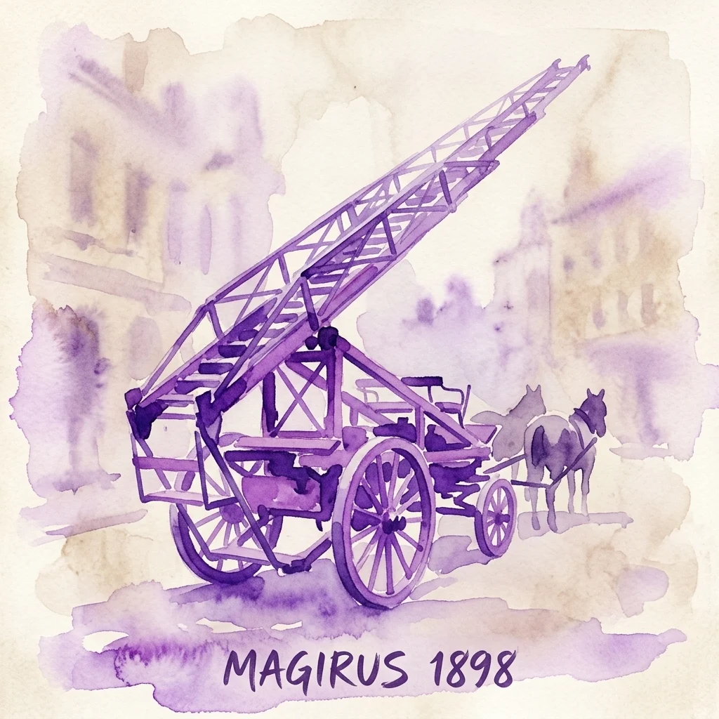 Ilustración en acuarela de la escalera de bomberos Magirus de 1898, una escalera telescópica de madera sobre ruedas tirada por un caballo, que se extiende hacia arriba contra un telón de fondo vintage.