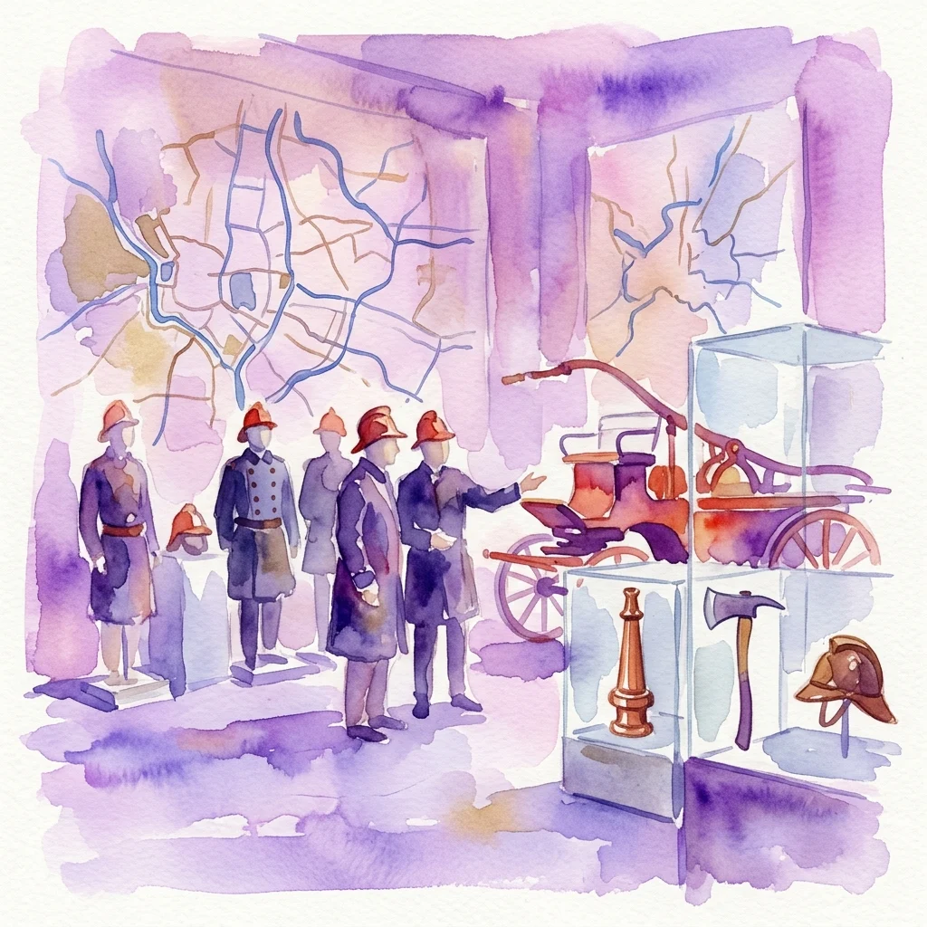 Ilustración en acuarela de una exposición de museo con maniquíes con uniformes históricos de bomberos, equipo de extinción de incendios histórico y un mapa de Madrid, mostrando la evolución del Cuerpo de Bomberos de Madrid.