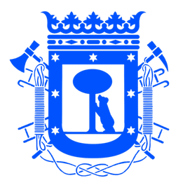 emblema azul con silueta de bombero, hachas y corona sobre fondo negro