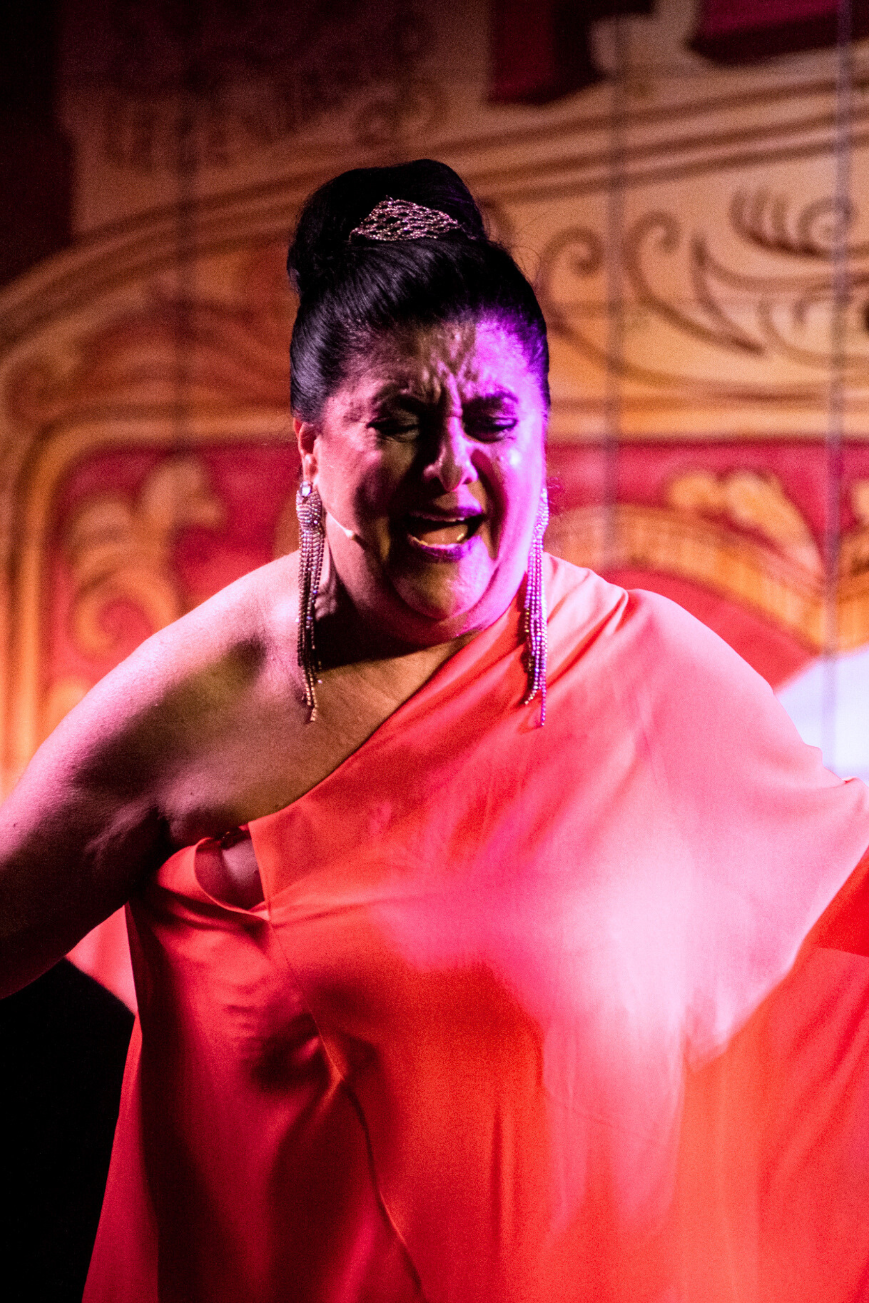 Bailaora de flamenco con vestido rojo actuando en un escenario con un fondo ornamentado