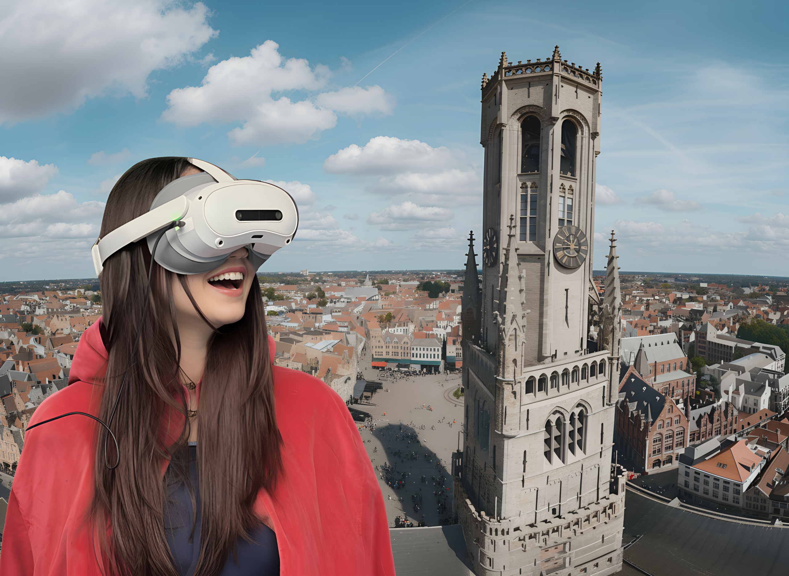 Joven mujer con gafas de realidad virtual blancas sonriendo frente a una vista aérea de Brujas que incluye el histórico campanario Belfort
