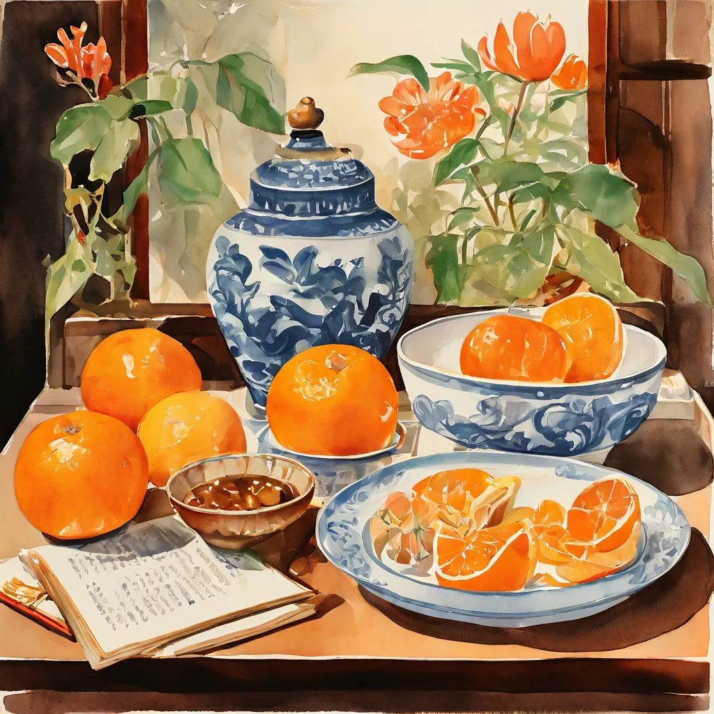 A conceptual art still life featuring elements of Chinees-Indisch cuisine, such as ceramic dishes, a vintage menu, and an open sticker album, representing cultural identity and heritage at Foam Fotografiemuseum Amsterdam.