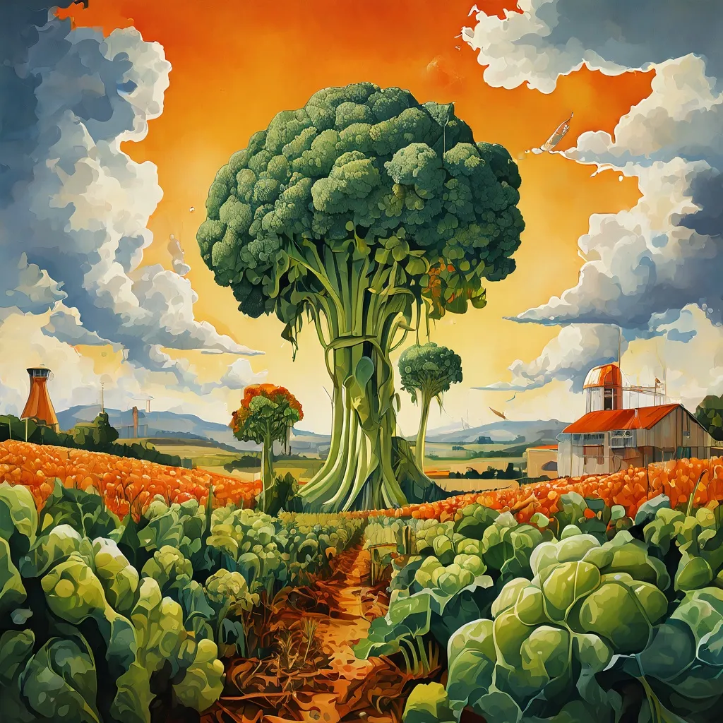 A surreal and graphic depiction of genetically modified crops growing to extreme sizes, with a broccoli stalk looming over buildings and fertilizer clouds, symbolizing the absurd promises of agricultural advancements at Foam Fotografiemuseum Amsterdam.
