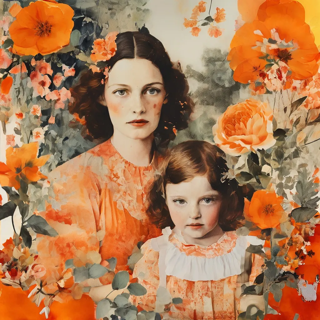 Een artistieke collage van geborduurde vintage familiefoto's, met moederfiguren en bloempatronen, die herinnering en heling symboliseren in Foam Fotografiemuseum Amsterdam.