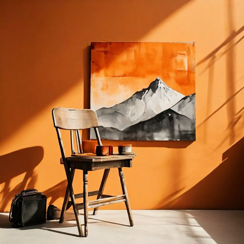 Een artistieke weergave van de mobiele studio-opstelling van Daniel Mebarek met een camera en een berglandschap als achtergrond in Foam Fotografiemuseum Amsterdam.