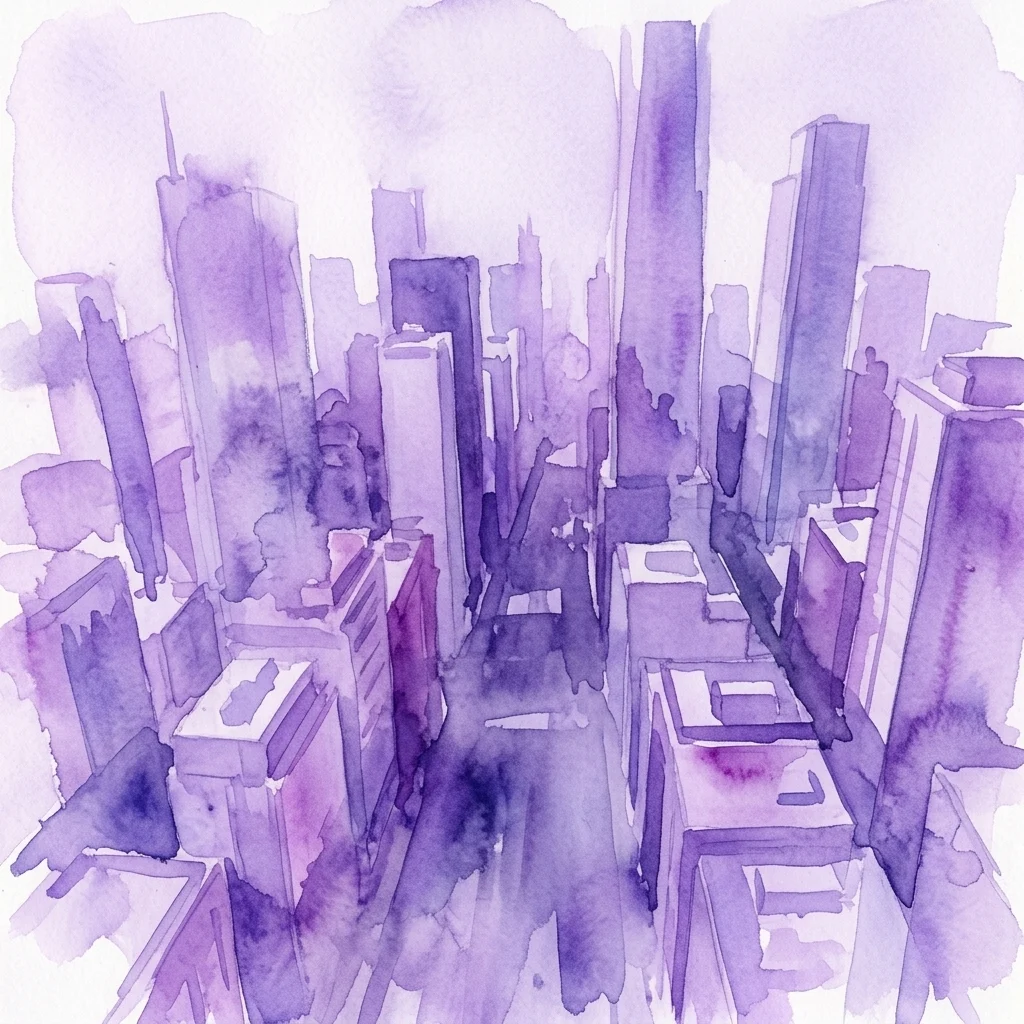 Een paarse aquarelillustratie van een modern stadsgezicht met hoge gebouwen, die het kunstwerk '43-35 10th Street' van Daniel Shea vertegenwoordigt en stedelijke ontwikkeling en gentrificatie verkent.