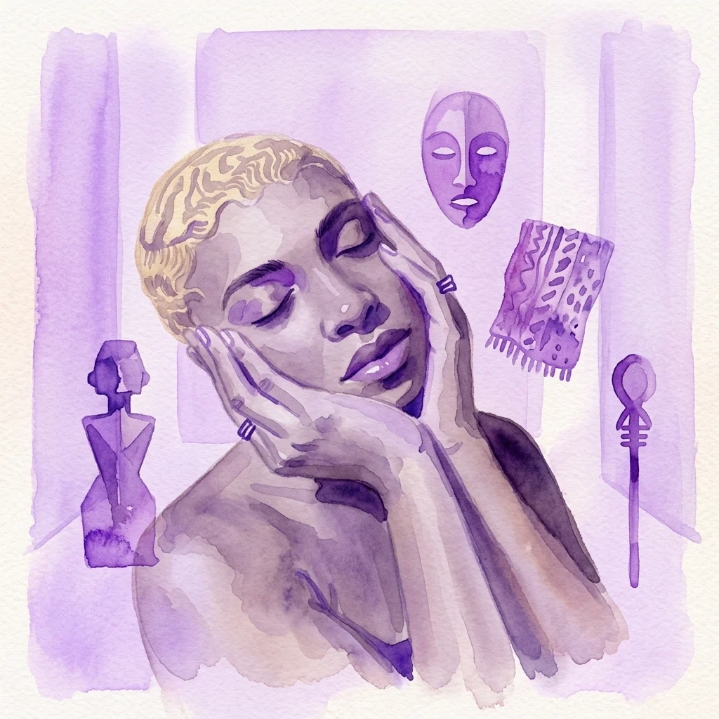 Een aquarelillustratie van een zwarte persoon met kort haar die het hoofd op de hand rust, omringd door Afrikaanse kunstobjecten, waaronder een masker, een textiel en een staf, allemaal uitgevoerd in paarse tinten.