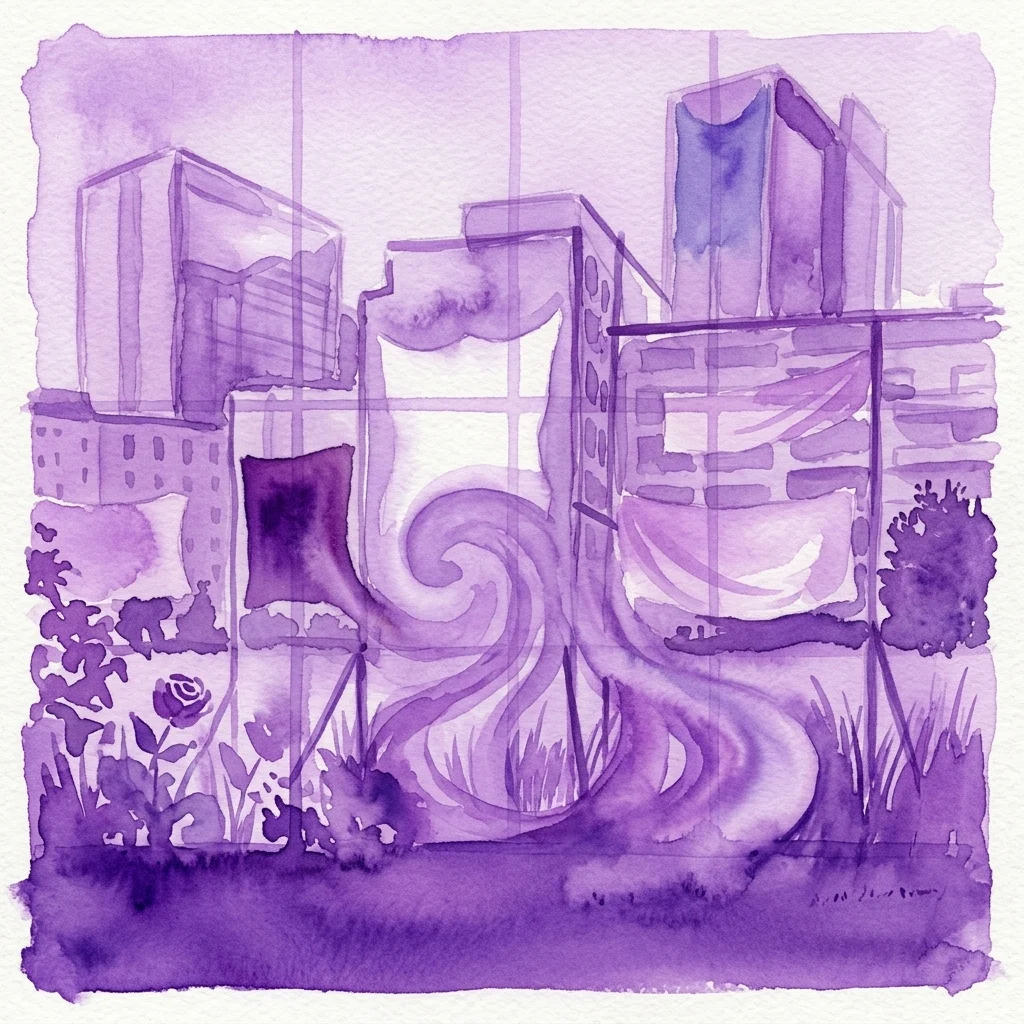Een surrealistische paarse aquarelillustratie van een stedelijk landschap dat architectonische vormen combineert met abstracte sculpturale elementen, die thema's van illusie en realiteit weerspiegelt.