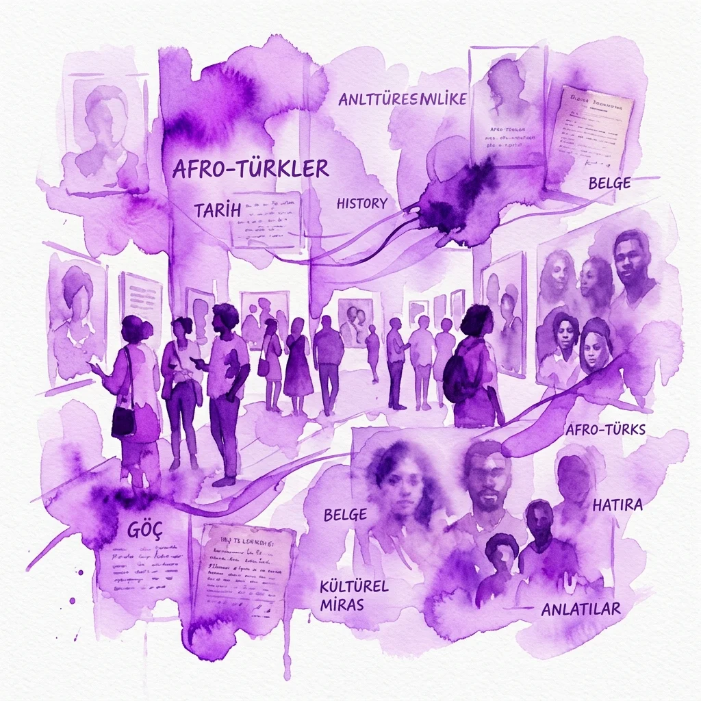 Fioletowa ilustracja akwarelowa przestrzeni wystawienniczej z odwiedzającymi oglądającymi dzieła sztuki, zawierająca elementy tekstowe takie jak 'AFRO-TÜRKLER', 'TARİH', 'HISTORY', 'ANLATTÜRESMLİKE', 'BELGE', 'GÖÇ', 'KÜLTÜREL MİRAS', 'HATIRA' i 'ANLATILAR', reprezentująca wystawę Ahmeta Polata „Dark Moon: Tales of the Afro-Turkish Diaspora”.