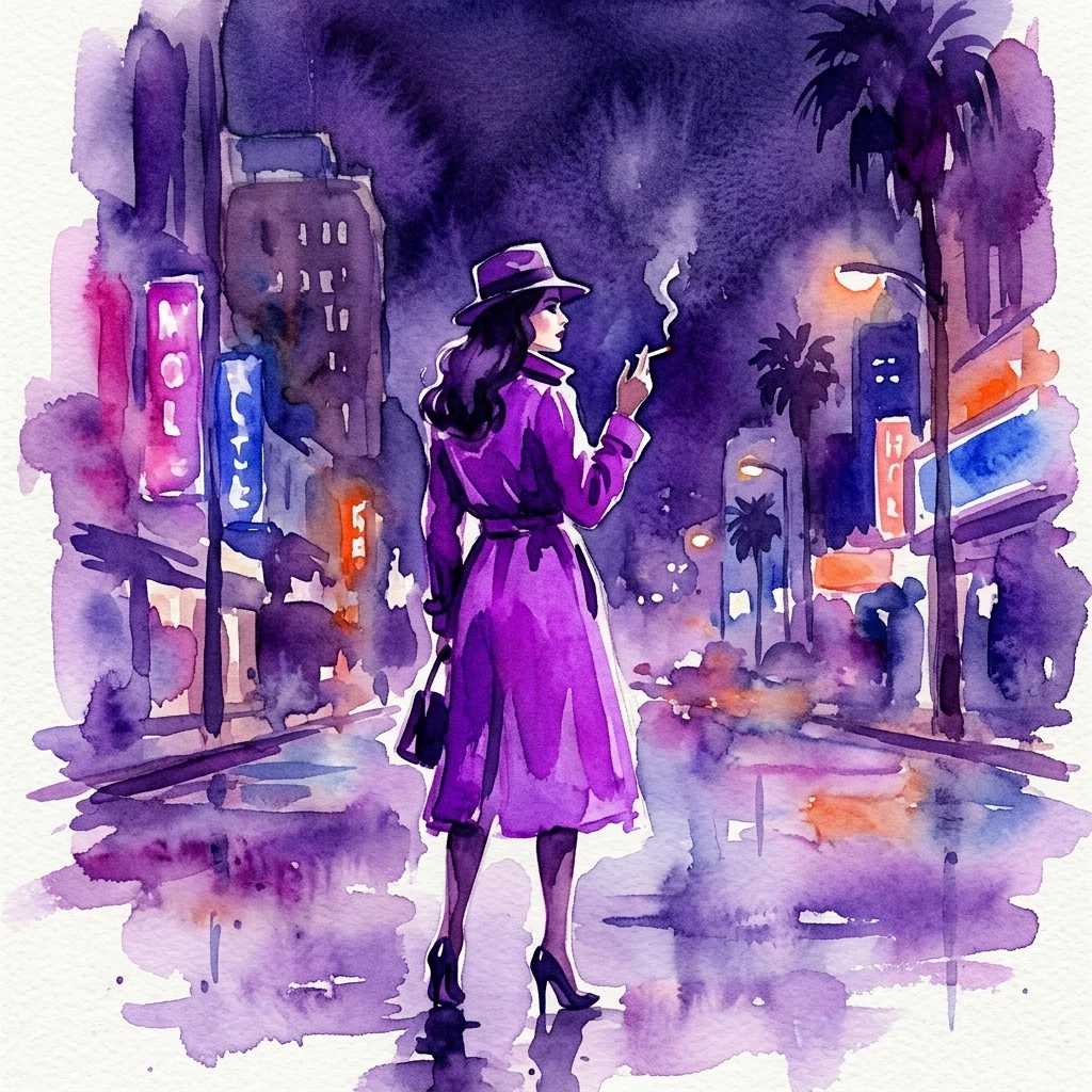 Ilustracja akwarelowa kobiety w fioletowym płaszczu i kapeluszu palącej na mokrej, miejskiej ulicy w nocy, przywołująca estetykę filmu noir z nasyconymi fioletowymi i niebieskimi tonami.