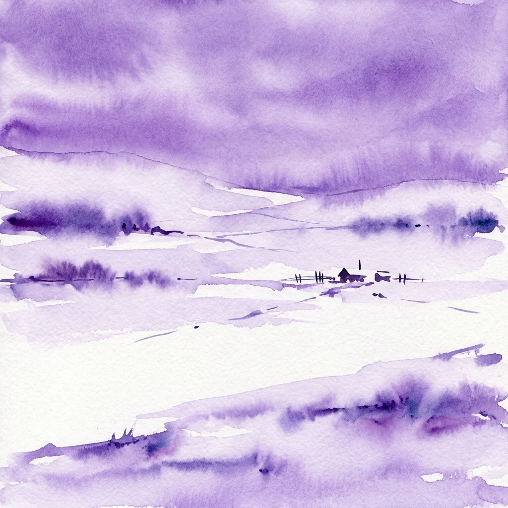Een aquarel van een uitgestrekt, besneeuwd Russisch landschap met schaarse menselijke bewoning, die Alexander Gronsky's verkenning van post-Sovjet achterlanden en emotionele isolatie weerspiegelt.