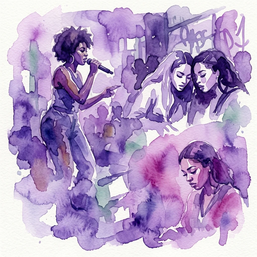 Ilustracja akwarelowa przedstawiająca kobietę śpiewającą do mikrofonu, otoczoną przez inne kobiety, w fioletowo-lawendowej palecie barw, reprezentująca scenę hip-hopową Atlanty.
