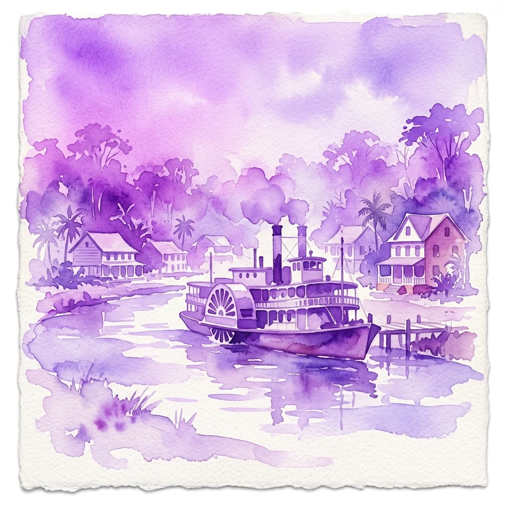 Una ilustración en acuarela púrpura de un barco de vapor en un río con casas de estilo colonial y palmeras, evocando una escena histórica de Surinam.