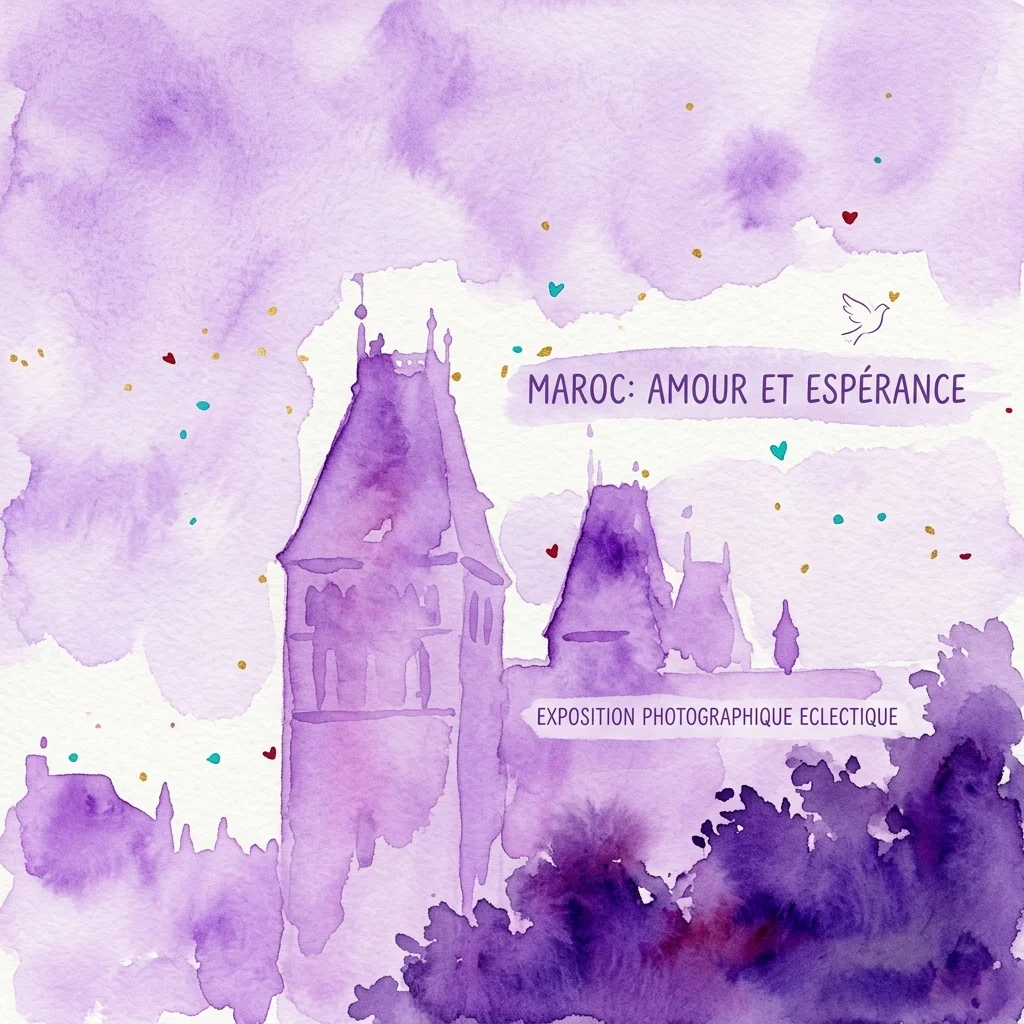 Fioletowa akwarelowa ilustracja budynku z napisem 'MAROC: AMOUR ET ESPÉRANCE' i 'EXPOSITION PHOTOGRAPHIQUE ECLÉCTIQUE', przedstawiająca serca, gołębicę i złote kropki.