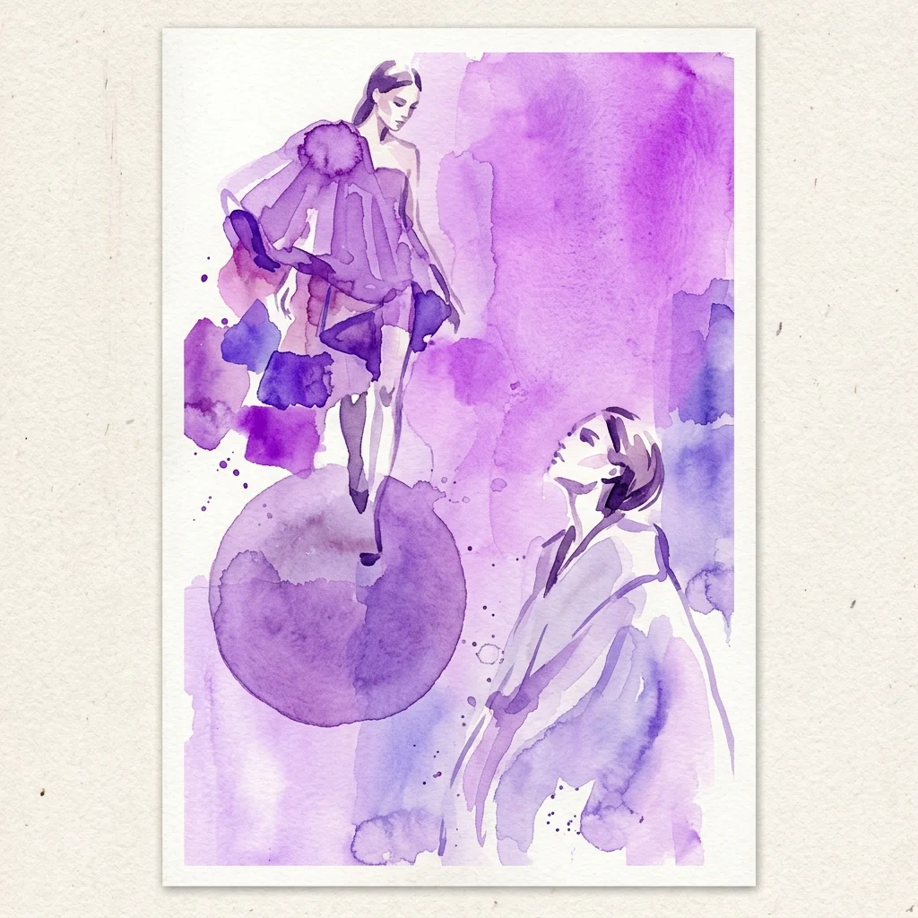 Ilustracja akwarelowa modelki w fioletowym stroju unoszącej się w powietrzu nad inną postacią, część wystawy Blommers & Schumm 'Mid-Air' w Foam.