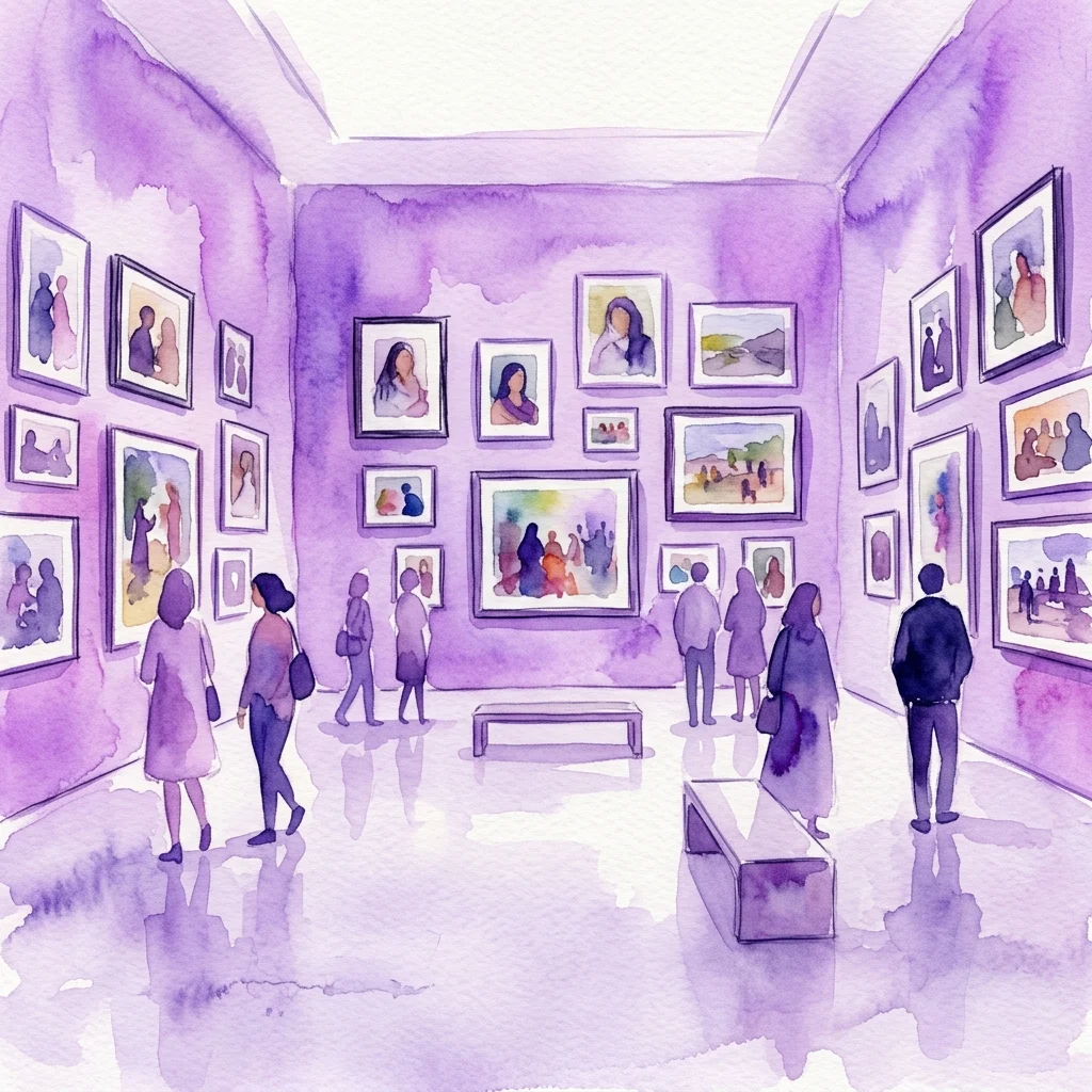 Watercolor illustration of a museum gallery with purple walls displaying framed photographs of women from the Middle East and North Africa, visitors observing the exhibition.