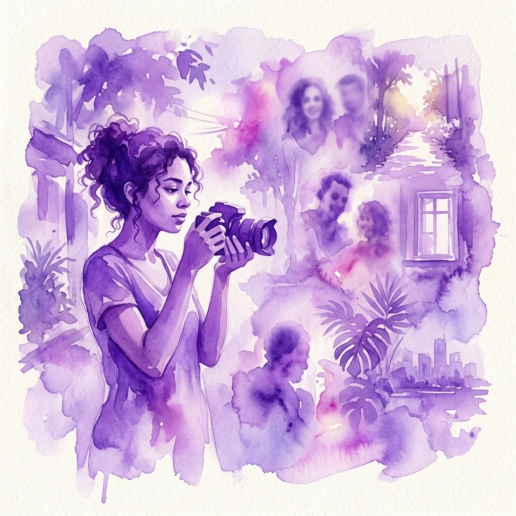 Ilustracja akwarelowa przedstawiająca kobietę trzymającą aparat fotograficzny, otoczoną sennymi, fioletowymi scenami z ludźmi, roślinami i domem, przywołującą tematykę wspomnień i fikcji.